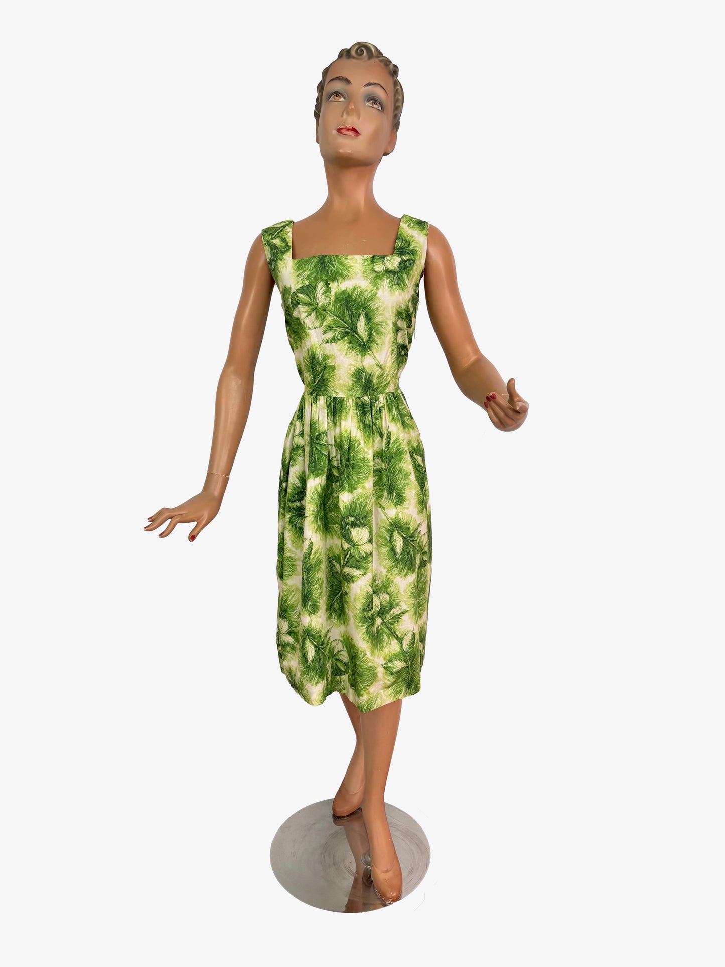 S | 1960s Green Feather Print Cotton Poplin Dress