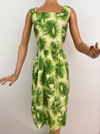 S | 1960s Green Feather Print Cotton Poplin Dress