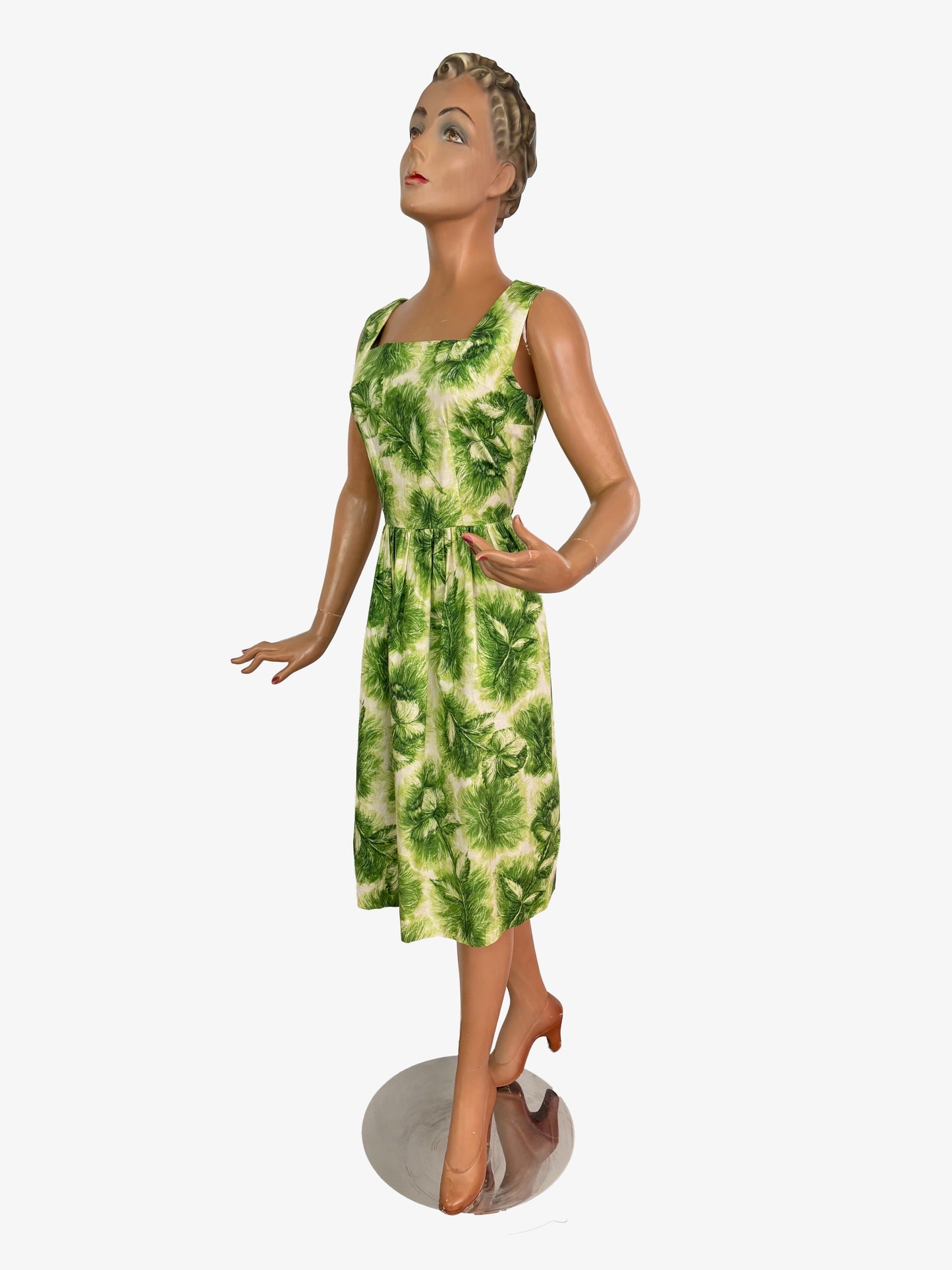 S | 1960s Green Feather Print Cotton Poplin Dress