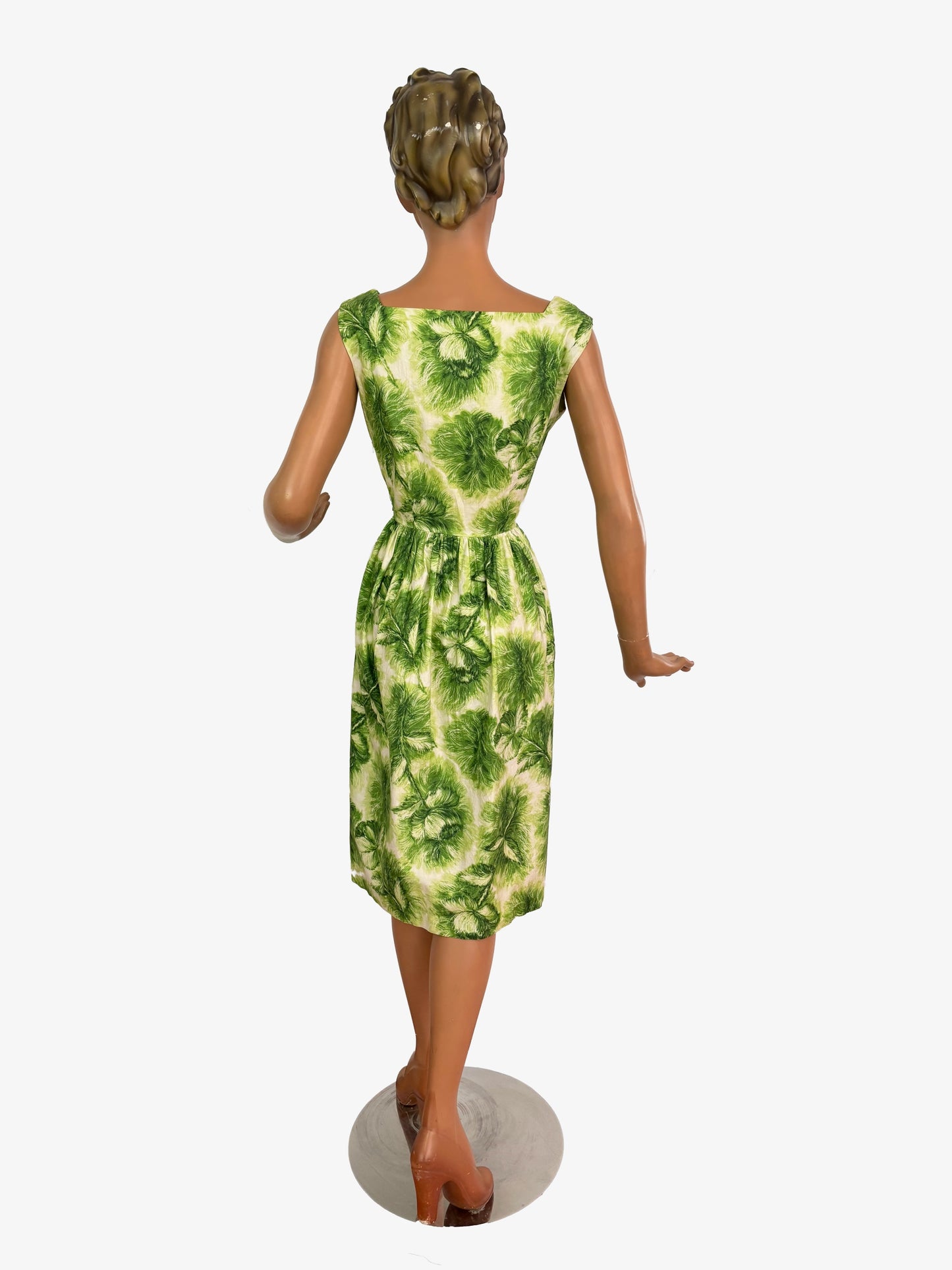 S | 1960s Green Feather Print Cotton Poplin Dress