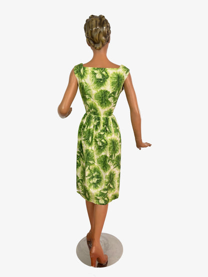 S | 1960s Green Feather Print Cotton Poplin Dress