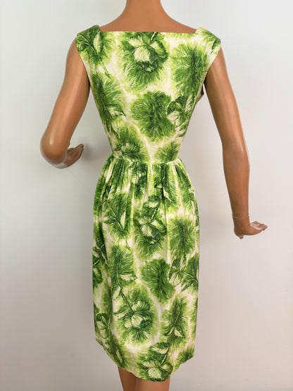 S | 1960s Green Feather Print Cotton Poplin Dress
