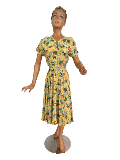 S/M | 1940s Yellow Silk Rayon Floral Dress
