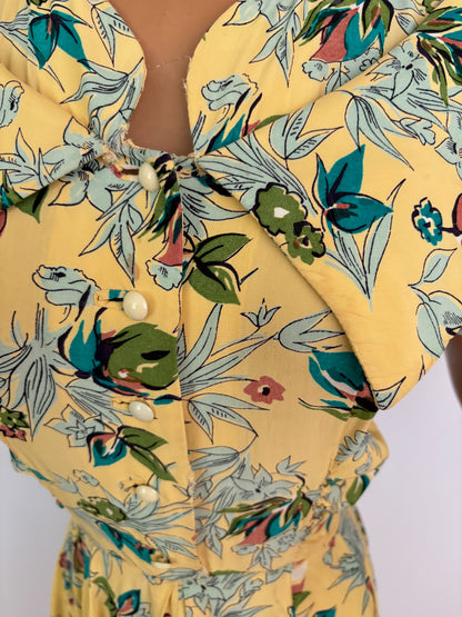 S/M | 1940s Yellow Silk Rayon Floral Dress