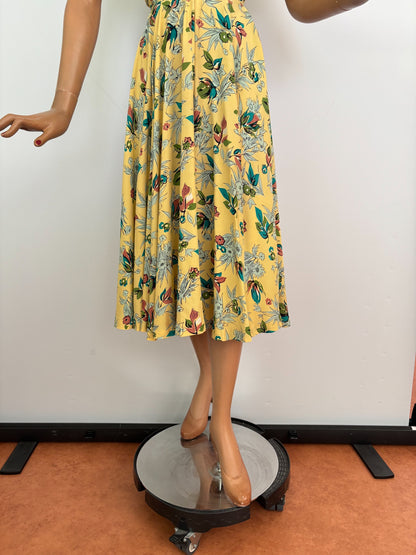 S/M | 1940s Yellow Silk Rayon Floral Dress
