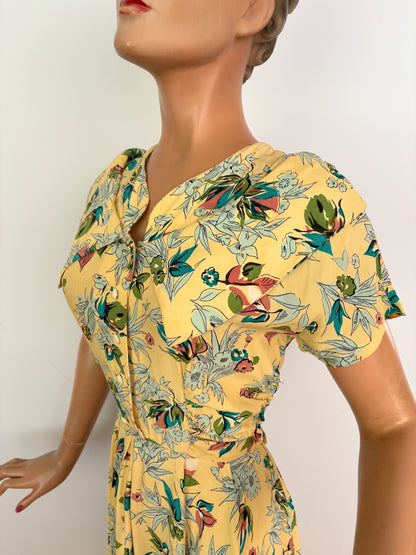 S/M | 1940s Yellow Silk Rayon Floral Dress