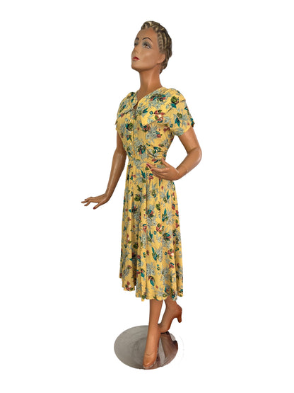 S/M | 1940s Yellow Silk Rayon Floral Dress