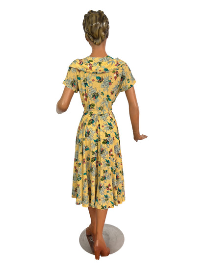 S/M | 1940s Yellow Silk Rayon Floral Dress