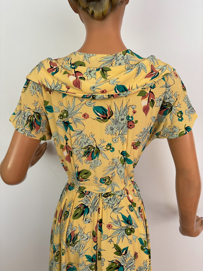 S/M | 1940s Yellow Silk Rayon Floral Dress