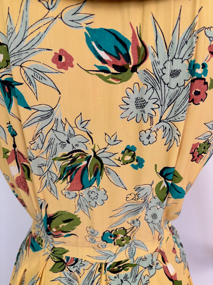 S/M | 1940s Yellow Silk Rayon Floral Dress