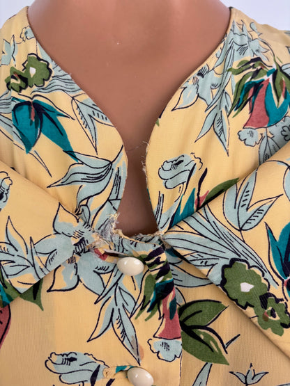 S/M | 1940s Yellow Silk Rayon Floral Dress