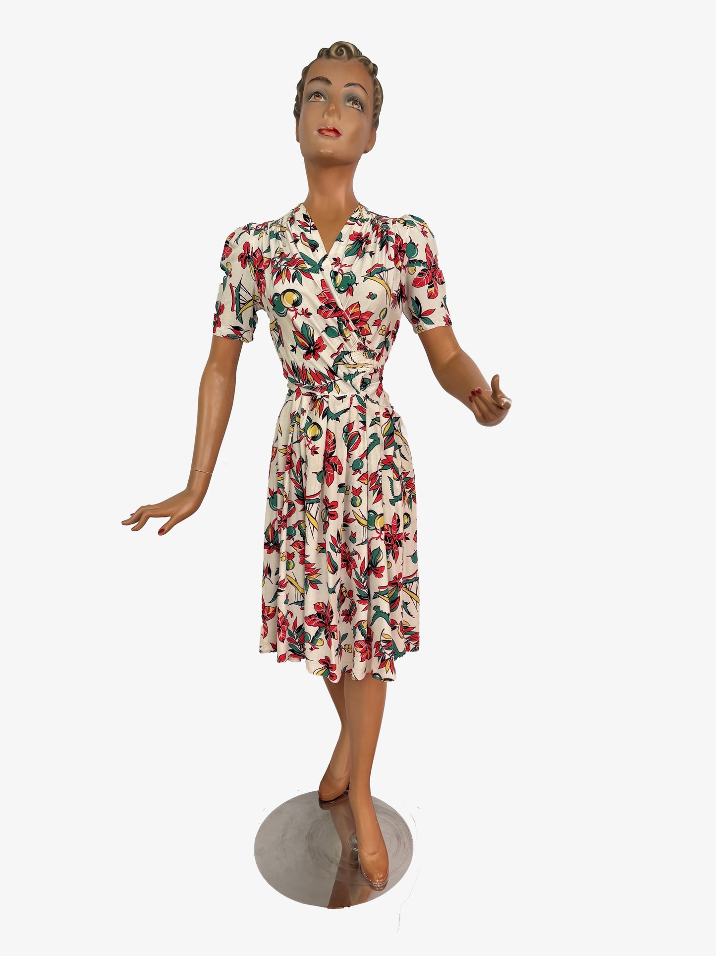 M | 1940s Rayon Tropical Novelty Print Dress
