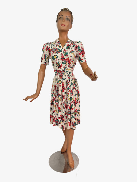 M | 1940s Rayon Tropical Novelty Print Dress
