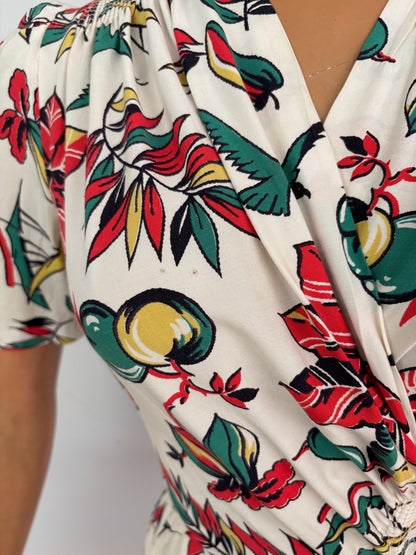 M | 1940s Rayon Tropical Novelty Print Dress