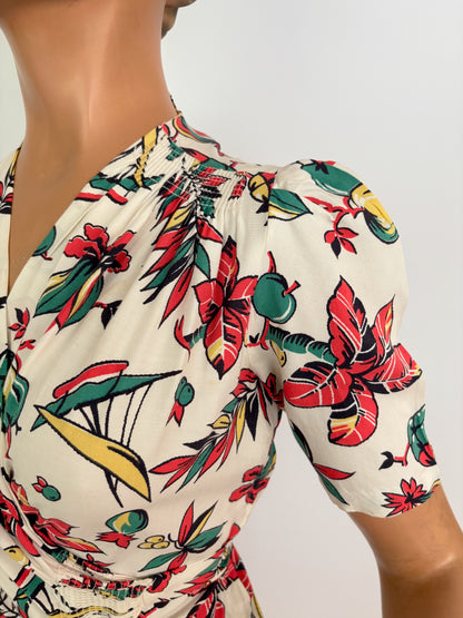 M | 1940s Rayon Tropical Novelty Print Dress