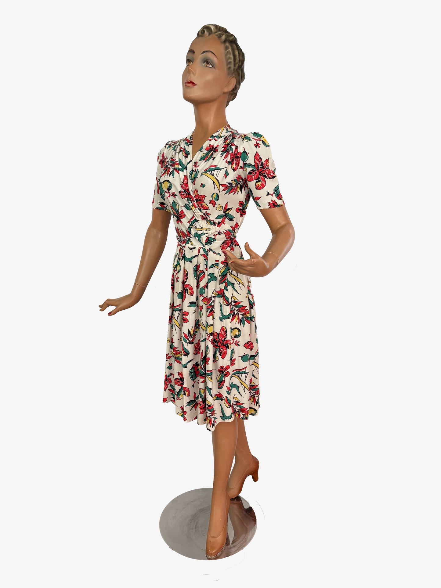 M | 1940s Rayon Tropical Novelty Print Dress