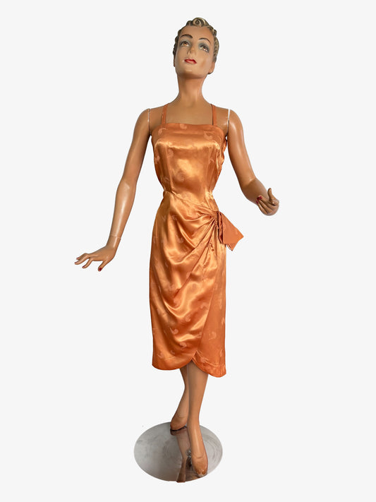 1950s/60s Satin Jacquard Sarong Dress With Feather Motif | XS