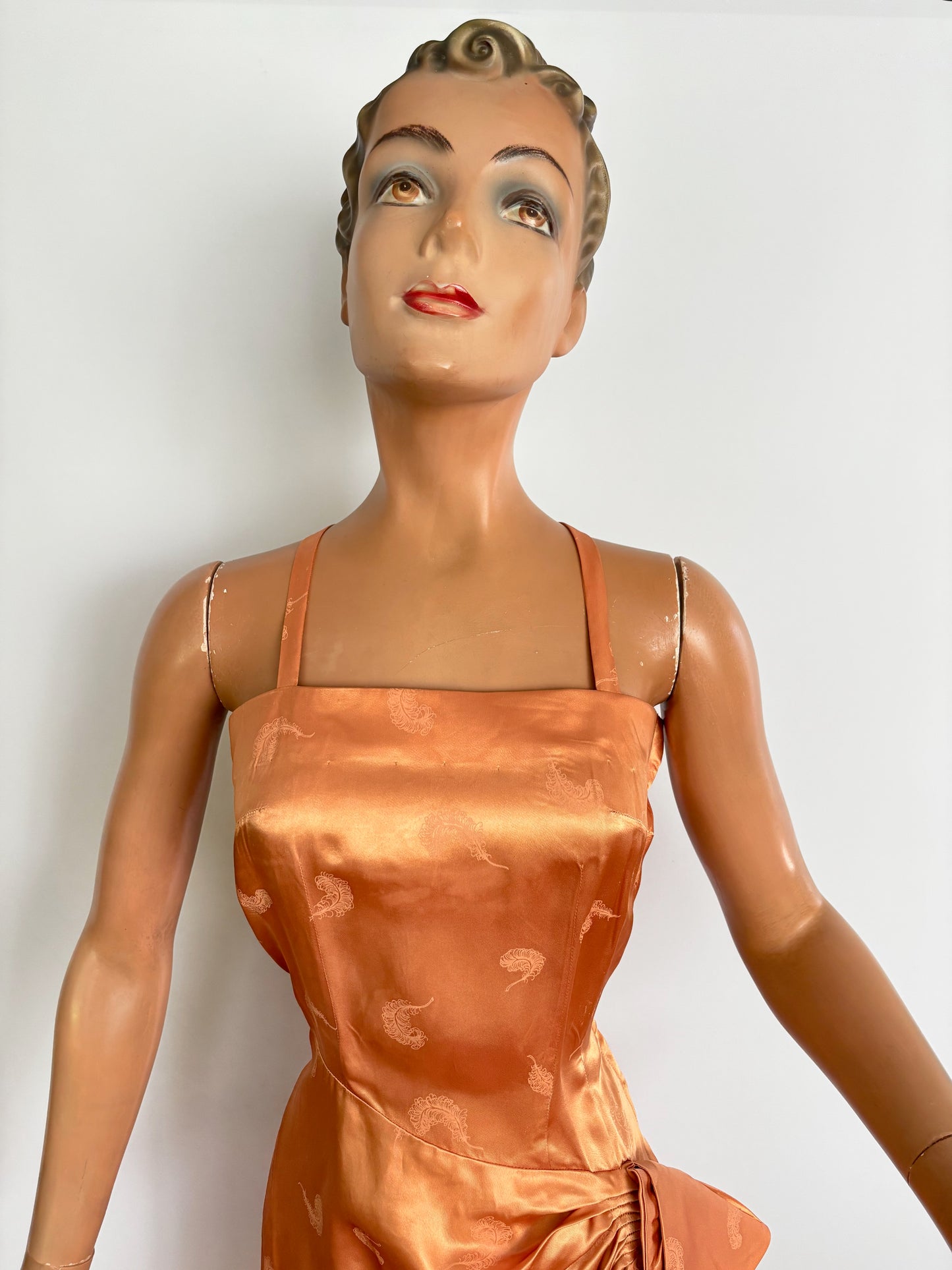 XS | 1950s/60s Satin Jacquard Sarong Dress With Feather Motif