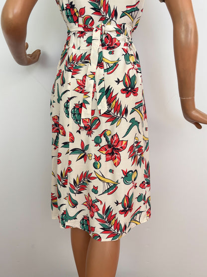 M | 1940s Rayon Tropical Novelty Print Dress