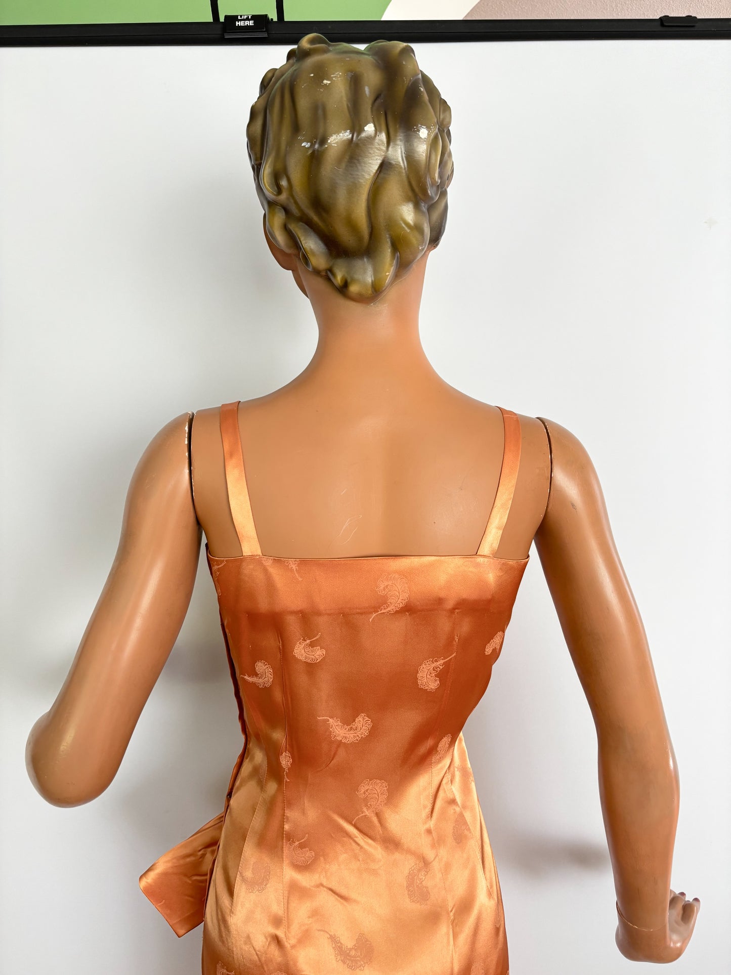 XS | 1950s/60s Satin Jacquard Sarong Dress With Feather Motif