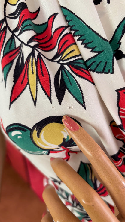 M | 1940s Rayon Tropical Novelty Print Dress