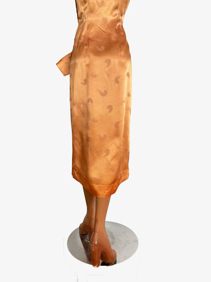 XS | 1950s/60s Satin Jacquard Sarong Dress With Feather Motif