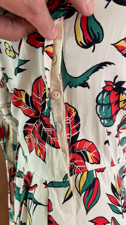 M | 1940s Rayon Tropical Novelty Print Dress