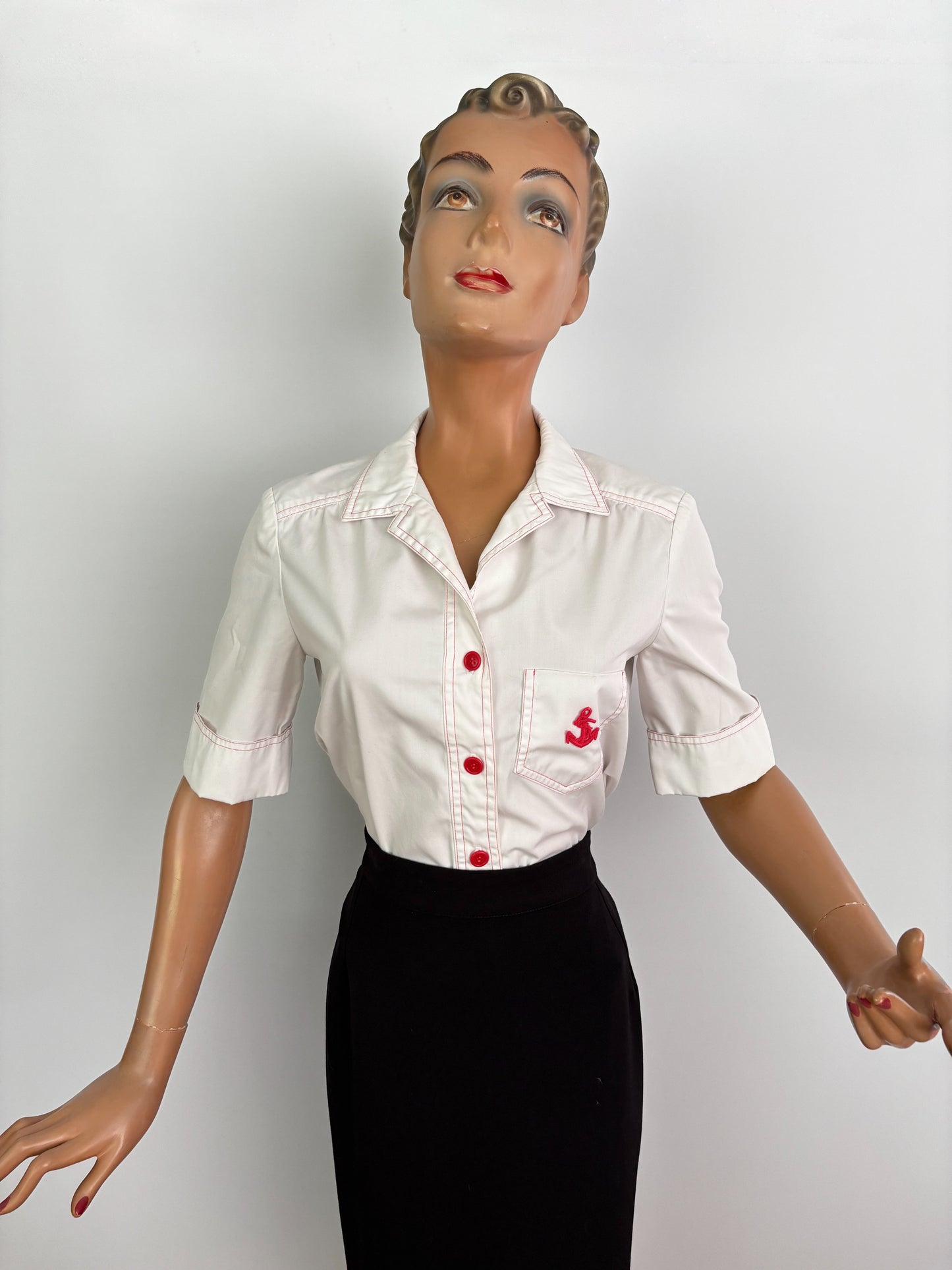 1970s Parade NY White Cotton Poplin Blouse with Red Stitching And Anchor Patch | M