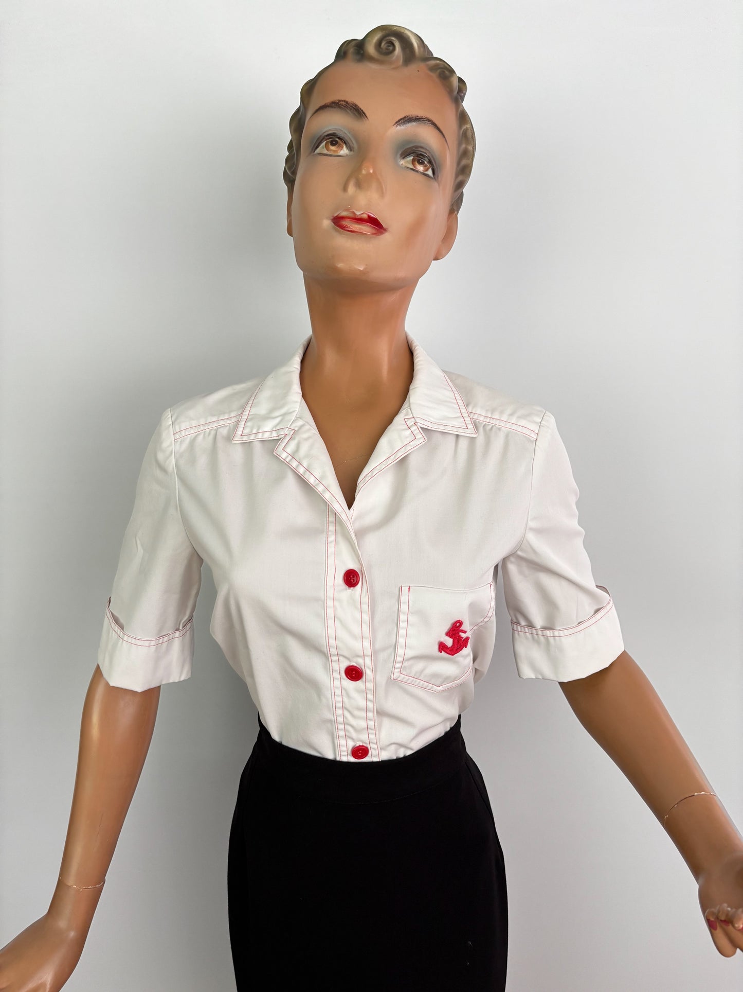 1970s Parade NY White Cotton Poplin Blouse with Red Stitching And Anchor Patch | M