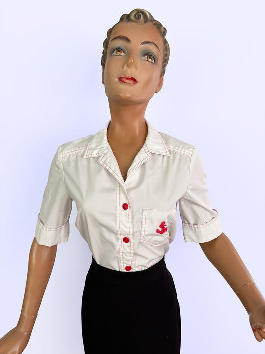 1970s Parade NY White Cotton Poplin Blouse with Red Stitching And Anchor Patch | M