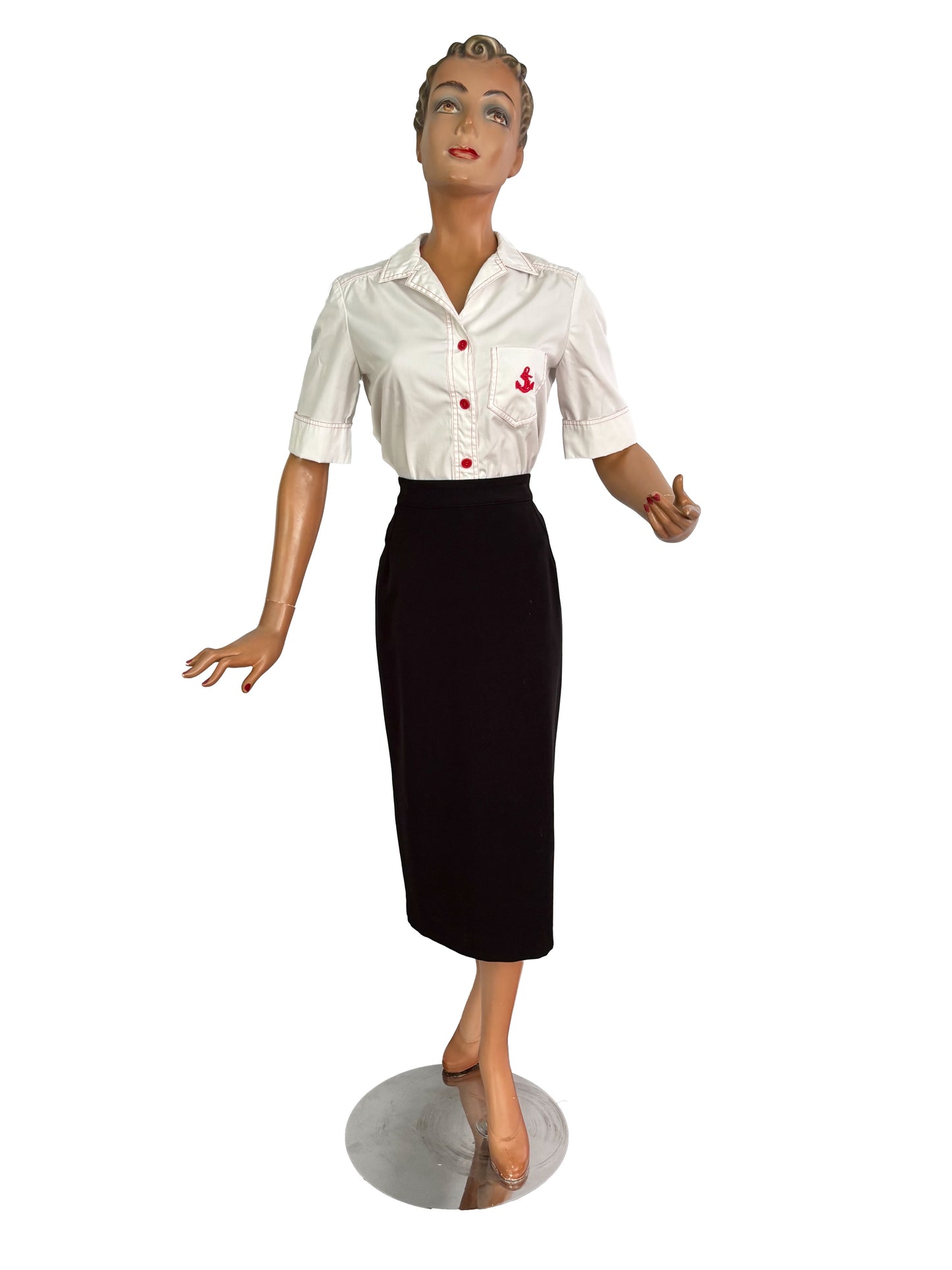 1970s Parade NY White Cotton Poplin Blouse with Red Stitching And Anchor Patch | M