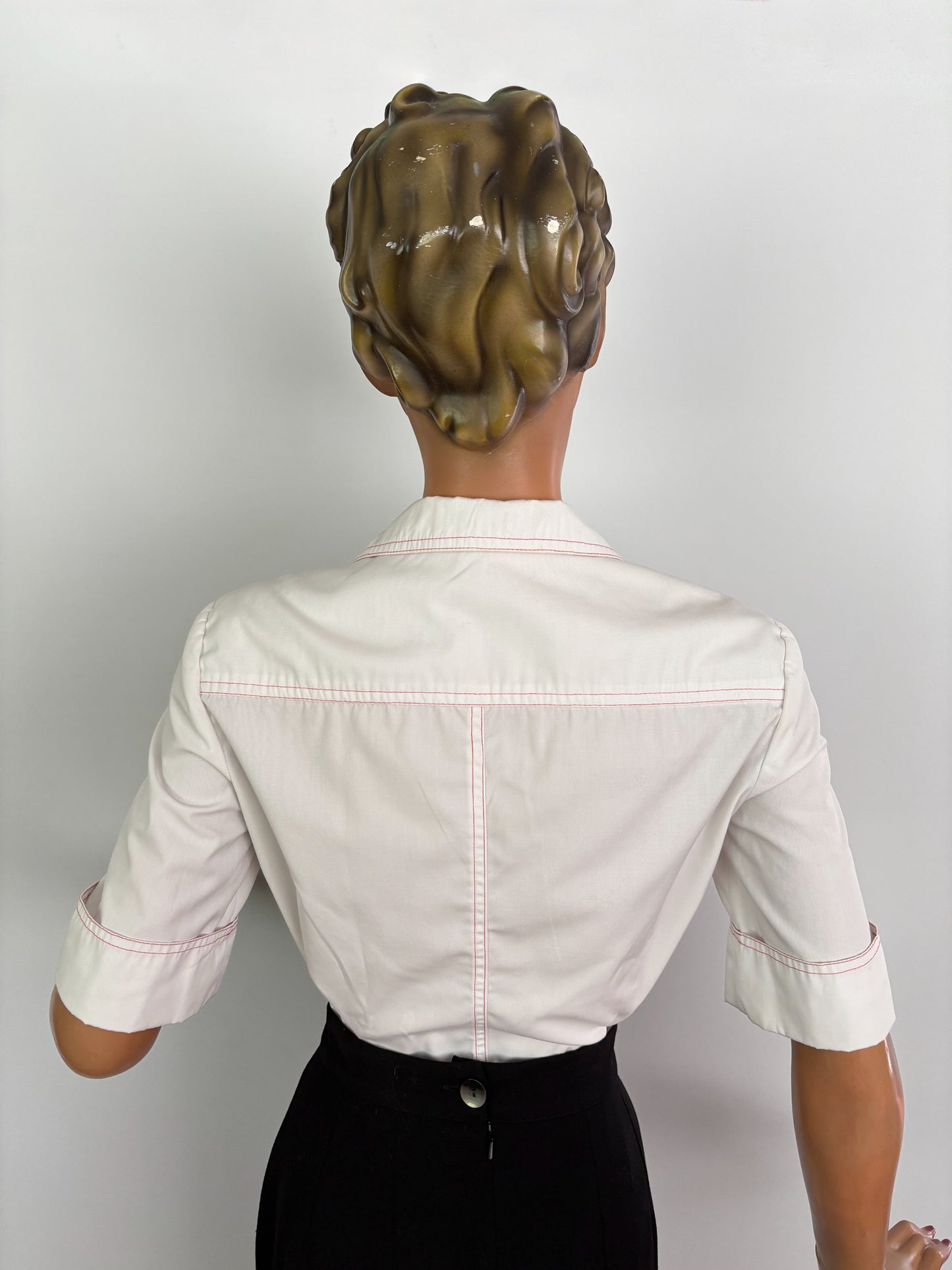 1970s Parade NY White Cotton Poplin Blouse with Red Stitching And Anchor Patch | M