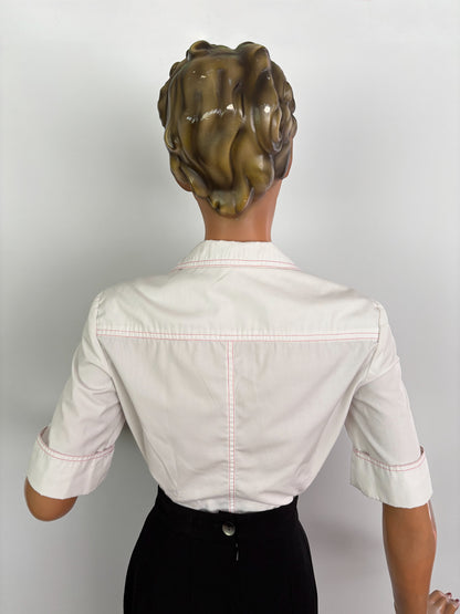 1970s Parade NY White Cotton Poplin Blouse with Red Stitching And Anchor Patch | M
