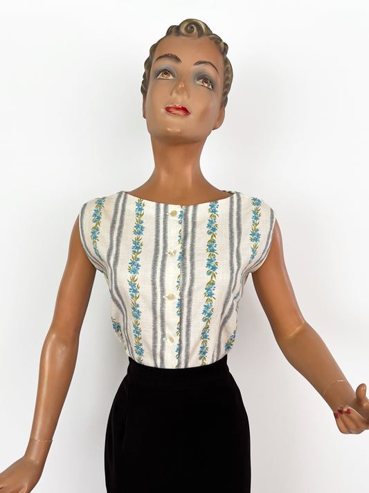 1950s Cotton Blouse With Floral and Stripe Print | S/M