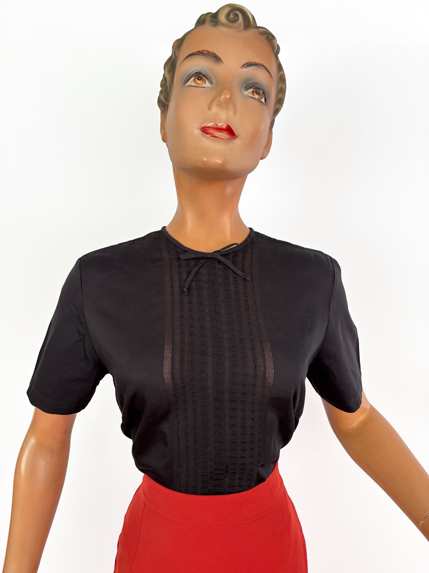 1950s Black Glossy Cotton Blouse With Openwork Front Panel | M