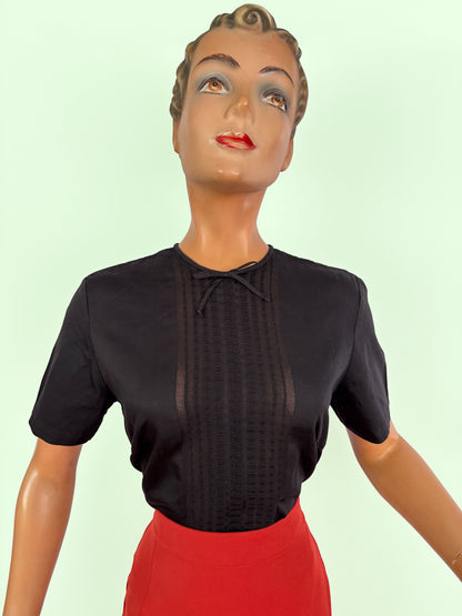 1950s Black Glossy Cotton Blouse With Openwork Front Panel | M