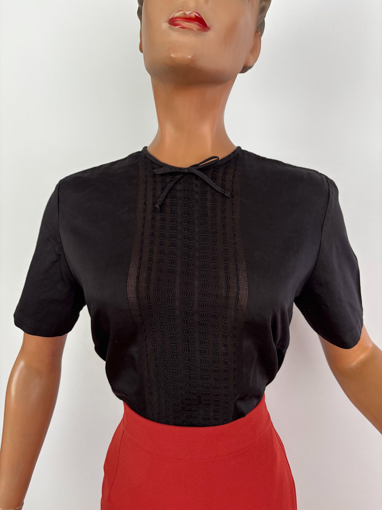 1950s Black Glossy Cotton Blouse With Openwork Front Panel | M