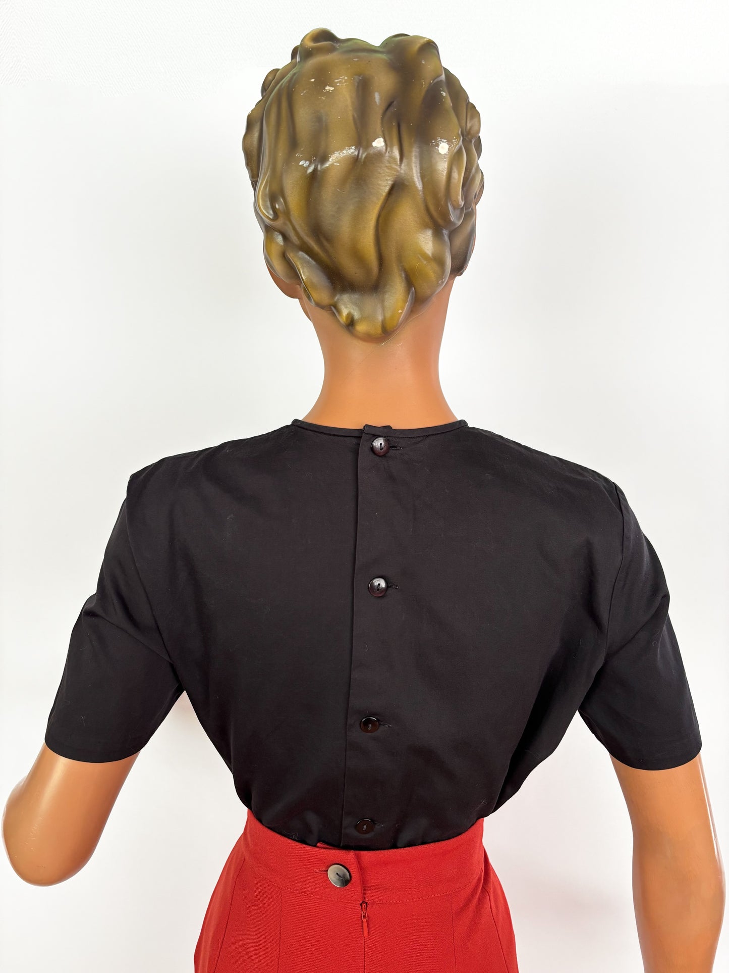 1950s Black Glossy Cotton Blouse With Openwork Front Panel | M