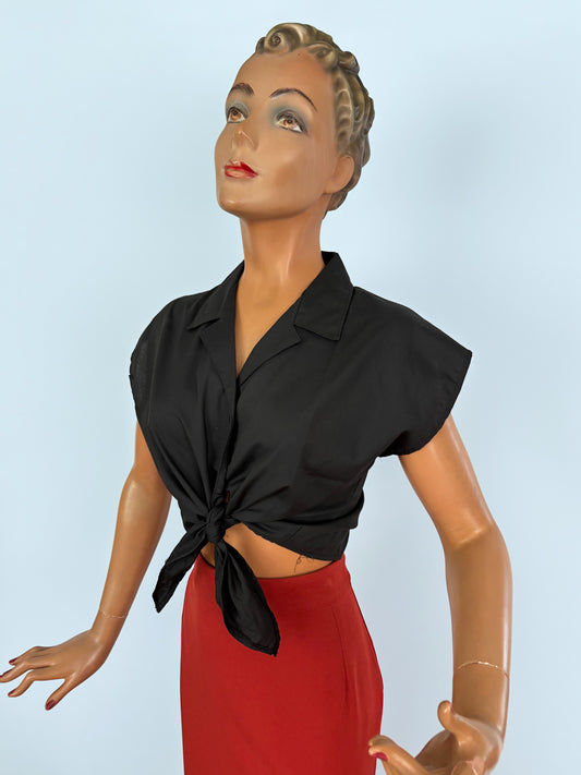 1970s Does 1950s Black Cotton Blend Tie Front Blouse | L