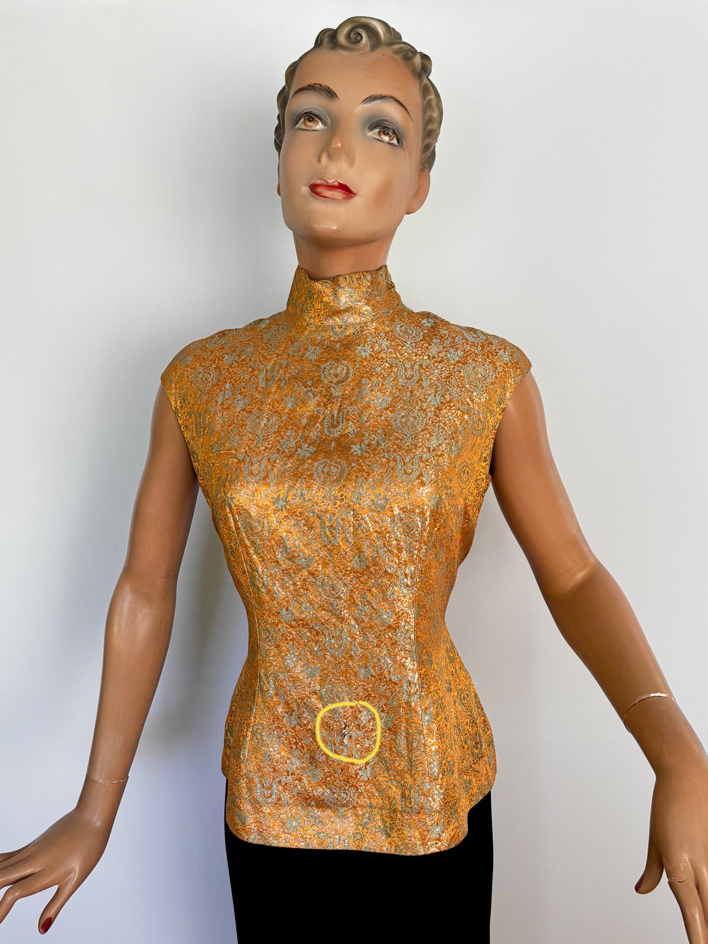1960s Sleeveless Gold Orange Blue Brocade Top With Stand Collar | M/L