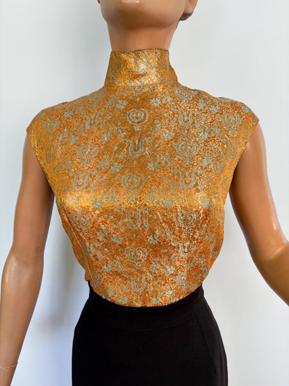 1960s Sleeveless Gold Orange Blue Brocade Top With Stand Collar | M/L