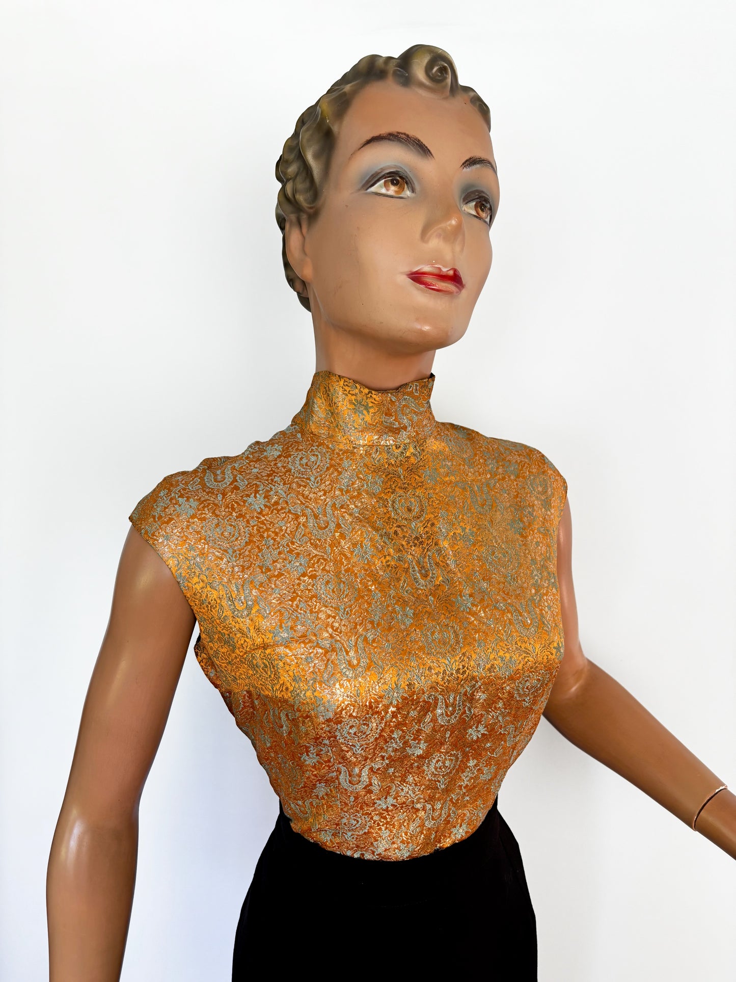 1960s Sleeveless Gold Orange Blue Brocade Top With Stand Collar | M/L