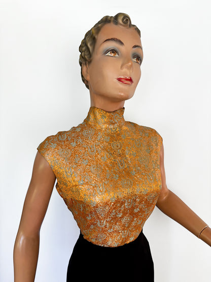 1960s Sleeveless Gold Orange Blue Brocade Top With Stand Collar | M/L