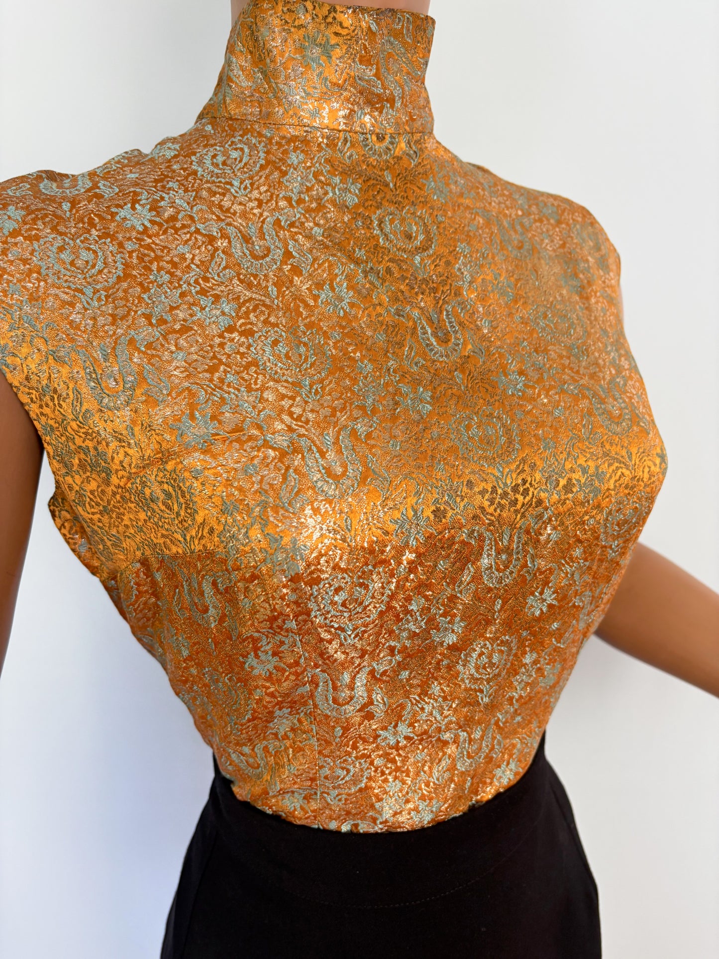 1960s Sleeveless Gold Orange Blue Brocade Top With Stand Collar | M/L