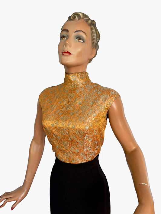 1960s Sleeveless Gold Orange Blue Brocade Top With Stand Collar | M/L