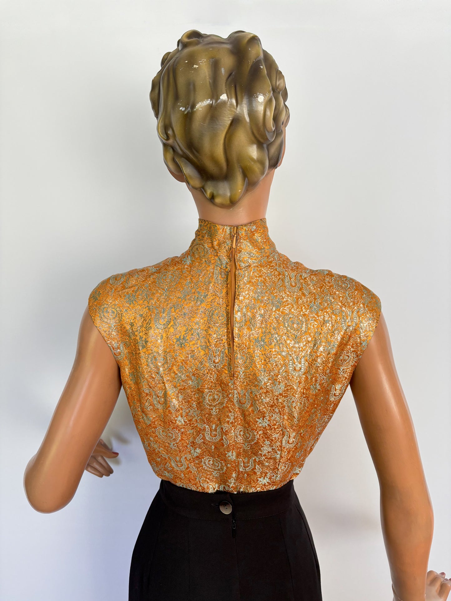 1960s Sleeveless Gold Orange Blue Brocade Top With Stand Collar | M/L