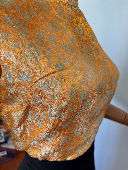 1960s Sleeveless Gold Orange Blue Brocade Top With Stand Collar | M/L
