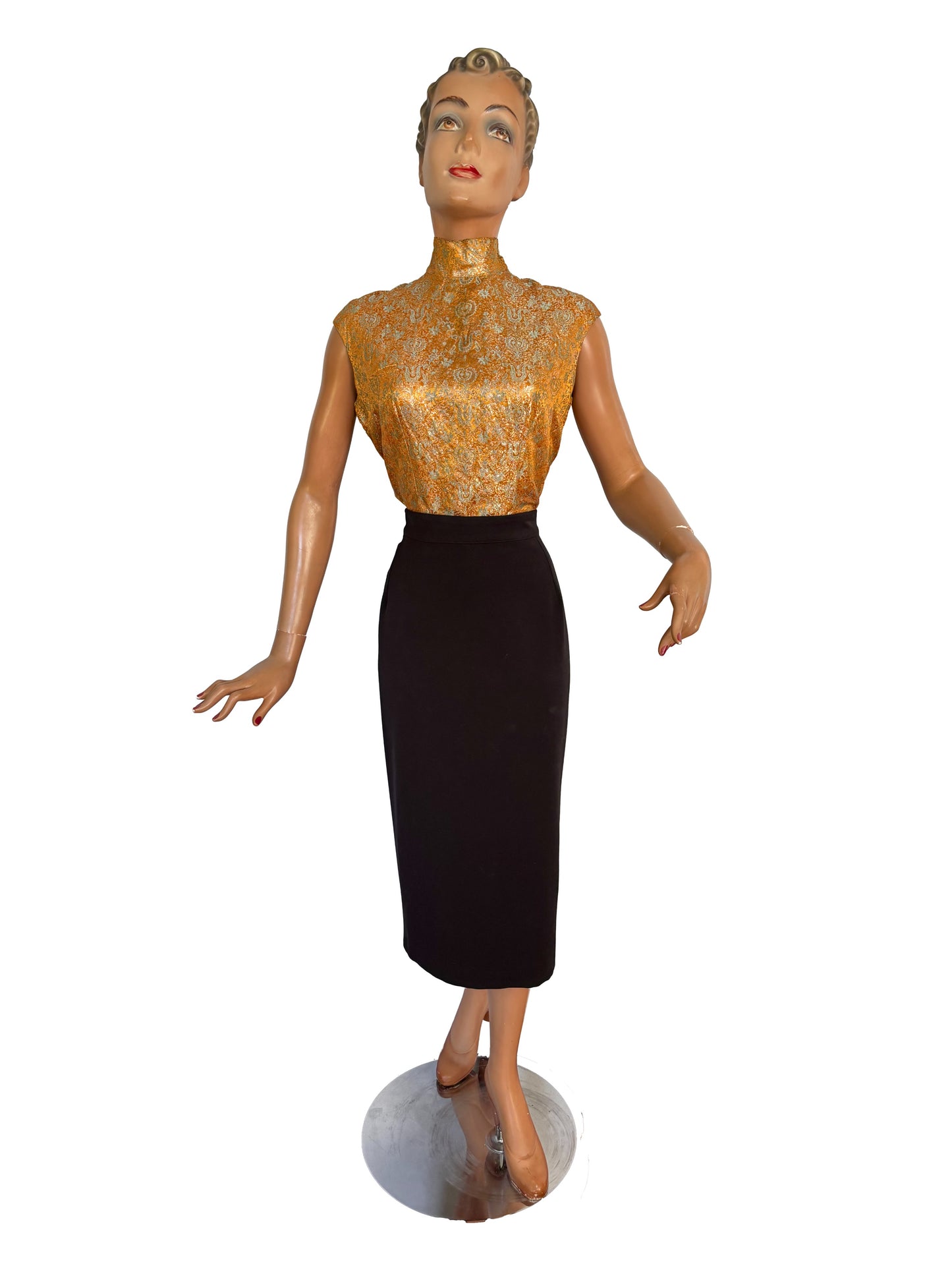 1960s Sleeveless Gold Orange Blue Brocade Top With Stand Collar | M/L
