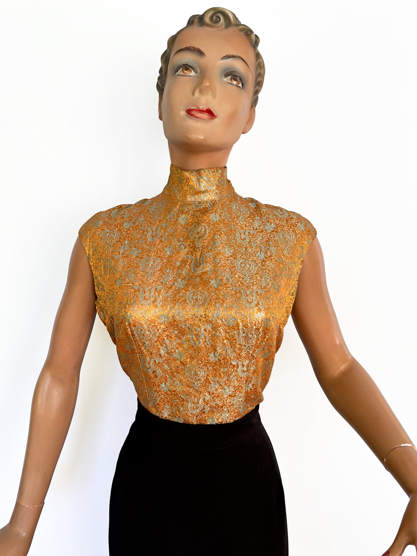 1960s Sleeveless Gold Orange Blue Brocade Top With Stand Collar | M/L