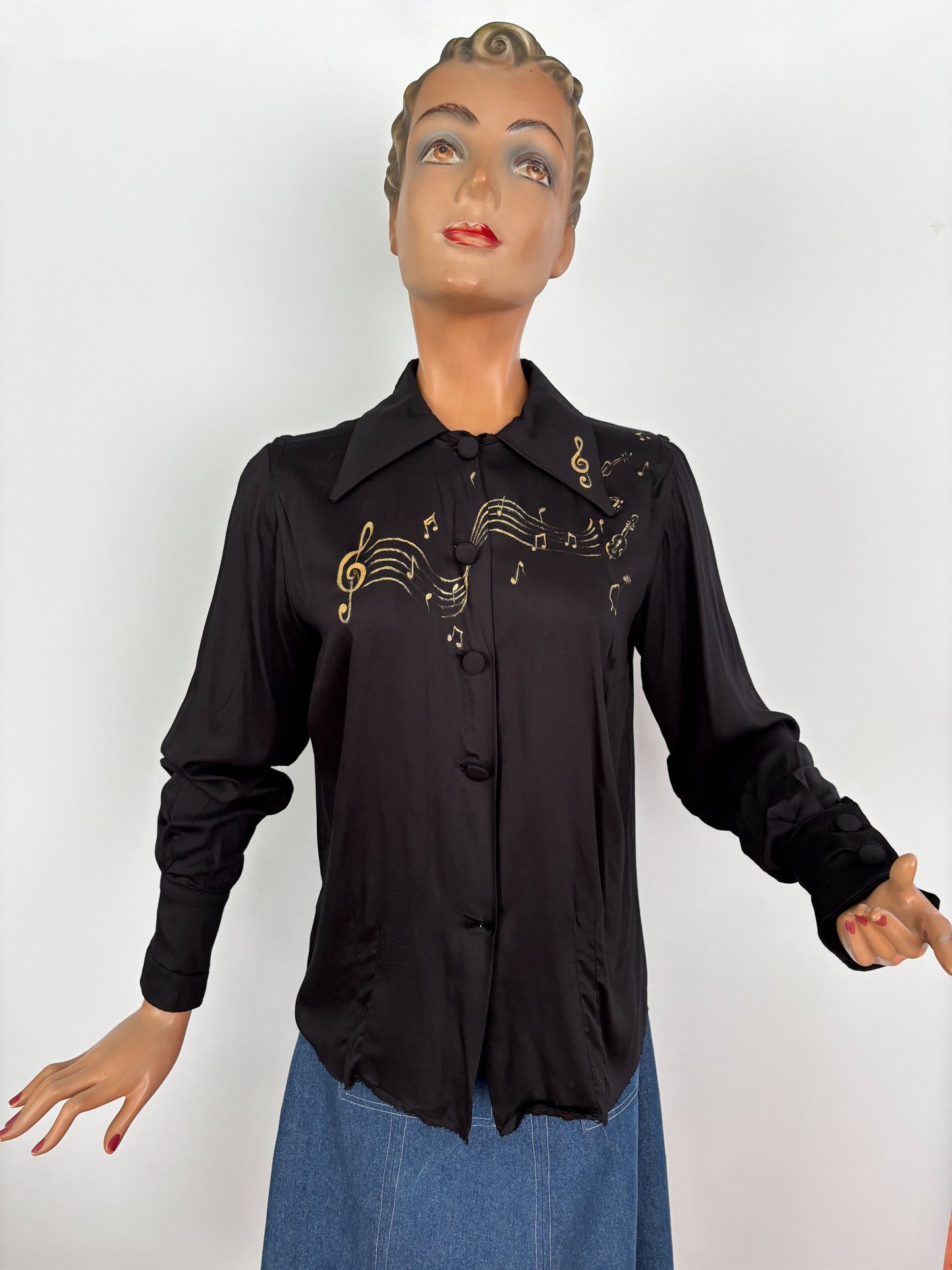 1940s Style Black Rayon Blouse Hand Painted With Gold Musical Notes | M